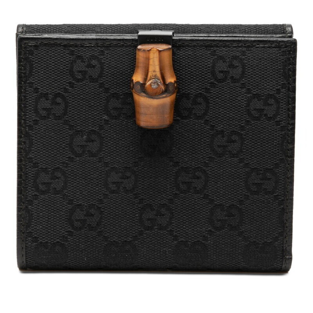 Gucci GG Canvas Bamboo Bi fold Wallet Black Leather